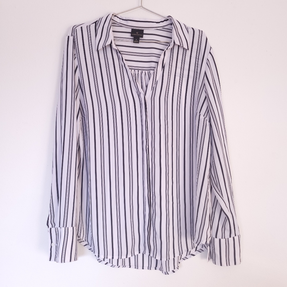 Worthington Flowy Sheer Striped Long Sleeve Blouse